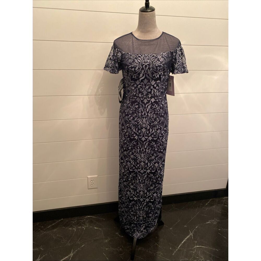 JS Collections Blue Metallic Illusion Yoke Scroll Embroidered Gown NWOT Size 2 - Picture 4 of 13
